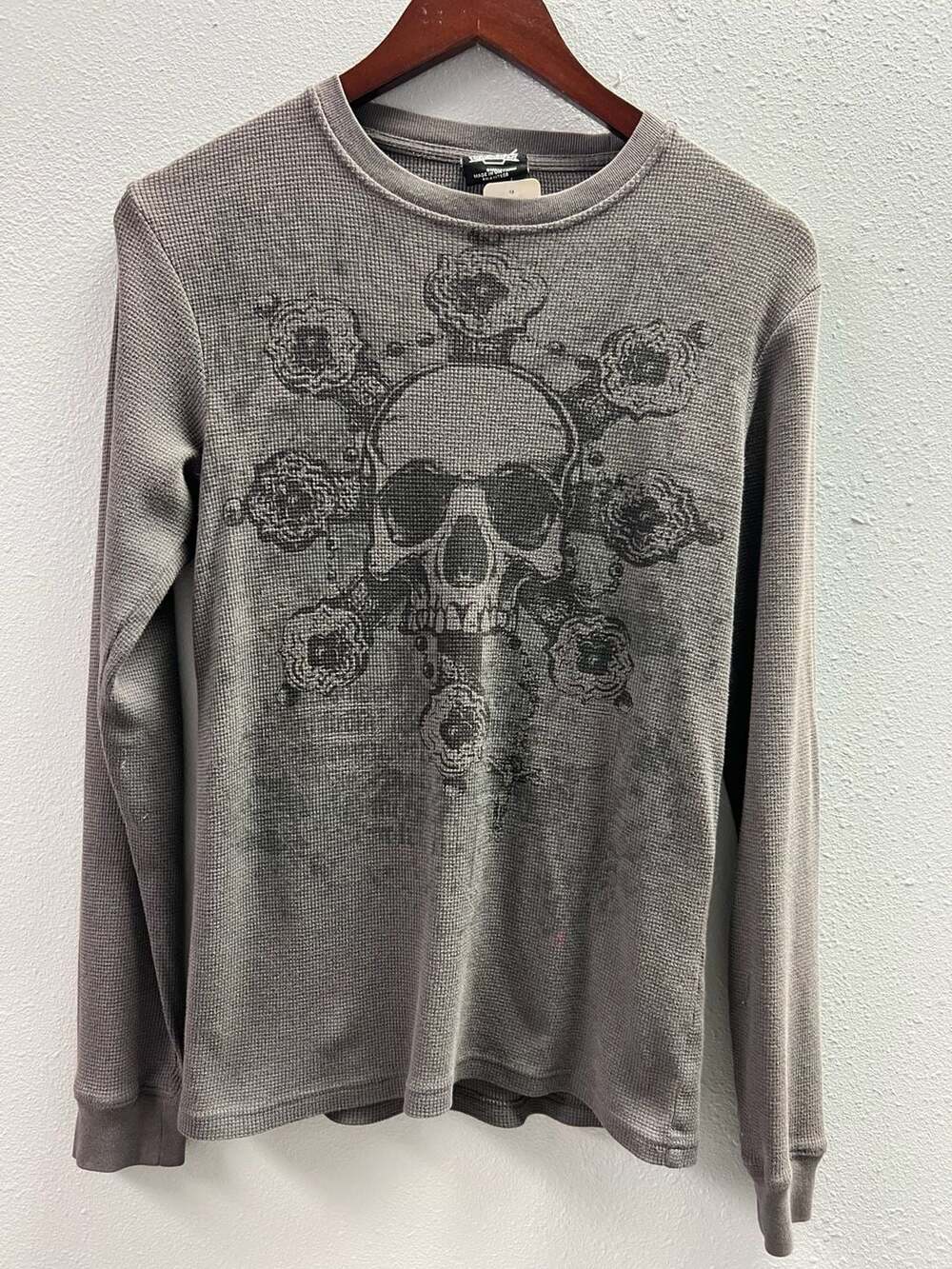 MMA y2k Elite Thermal Shirt Small Gray Long Sleeve Waffle Knit Skull cyber 0009